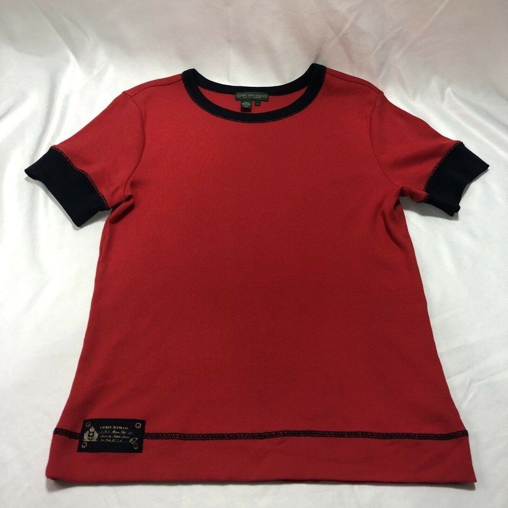 Ralph Lauren Polo Jeans Co. Women’s Red SS Ribbed Cotton Tee Shirt Sz Large